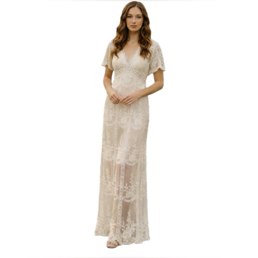 Aakaa, Elegant Cream Lace Maxi dress, Size M